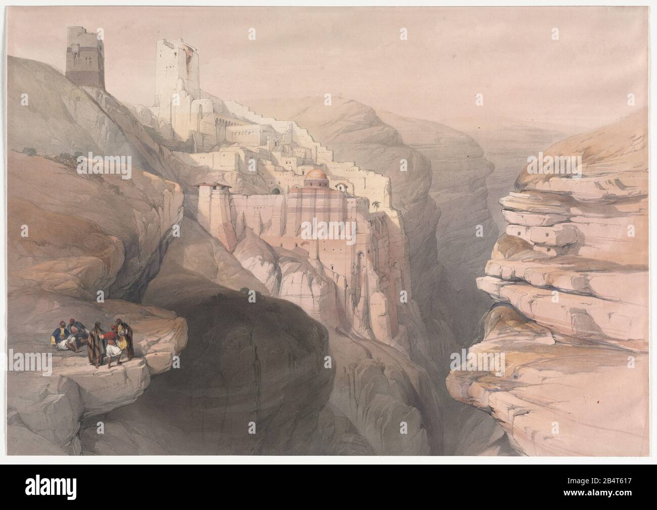 Kloster von St. Saba (Mar Saba, Die heilige Lavra von Saint-Sabbas) Farblithograph von David Roberts (1796-1864). Ein Gravier-Nachdruck von Louis Haghe wurde in einem Buch "The Holy Land, Syriens, Idurea, Arabia, Egypt and Nubia." im Jahr 1855 von D. Appleton & Co., 346 & 348 Broadway in New York veröffentlicht. Stockfoto