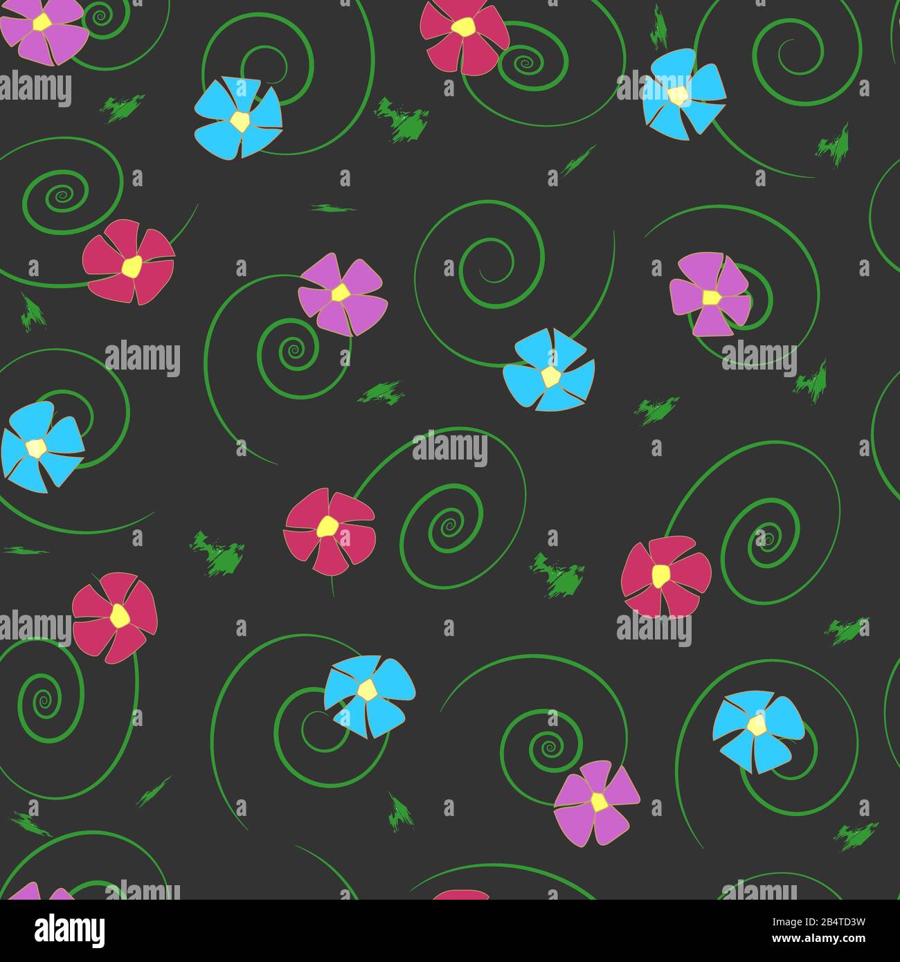 Nahtloses Muster. Einfache, fünfblättrige Blumen aus violetter, lilafarbter, blauer, weinrunder Farbe mit grünen Locken und Pinselstrichen auf dunklem Hintergrund. Stock Vektor