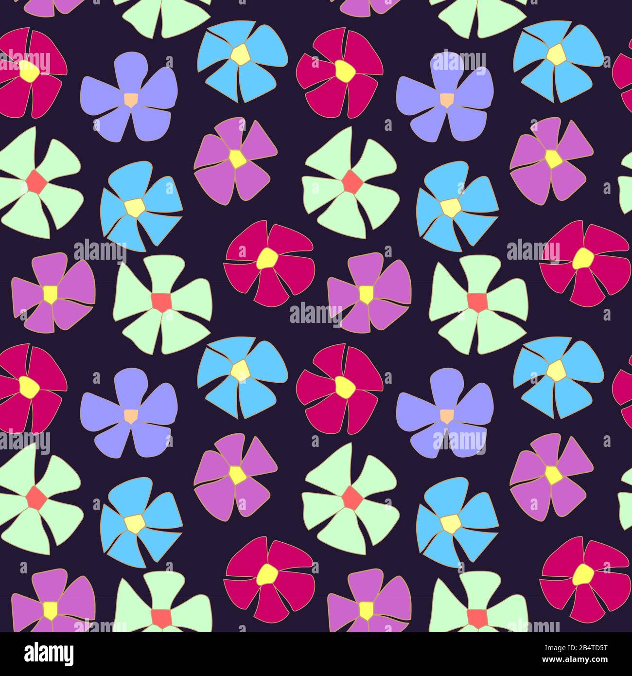 Nahtloses Muster: Viele einfache fünfblättrige Blumen aus violett, lila, blau, weinrot und helltürkis auf dunklem Hintergrund. Stock Vektor