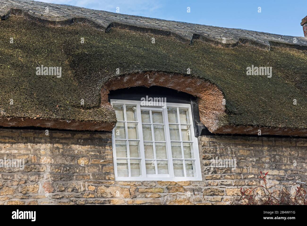 Nahaufnahme des Reetdachs mit Fenster auf dem traditionellen englischen Landhaushäuschen Stockfoto