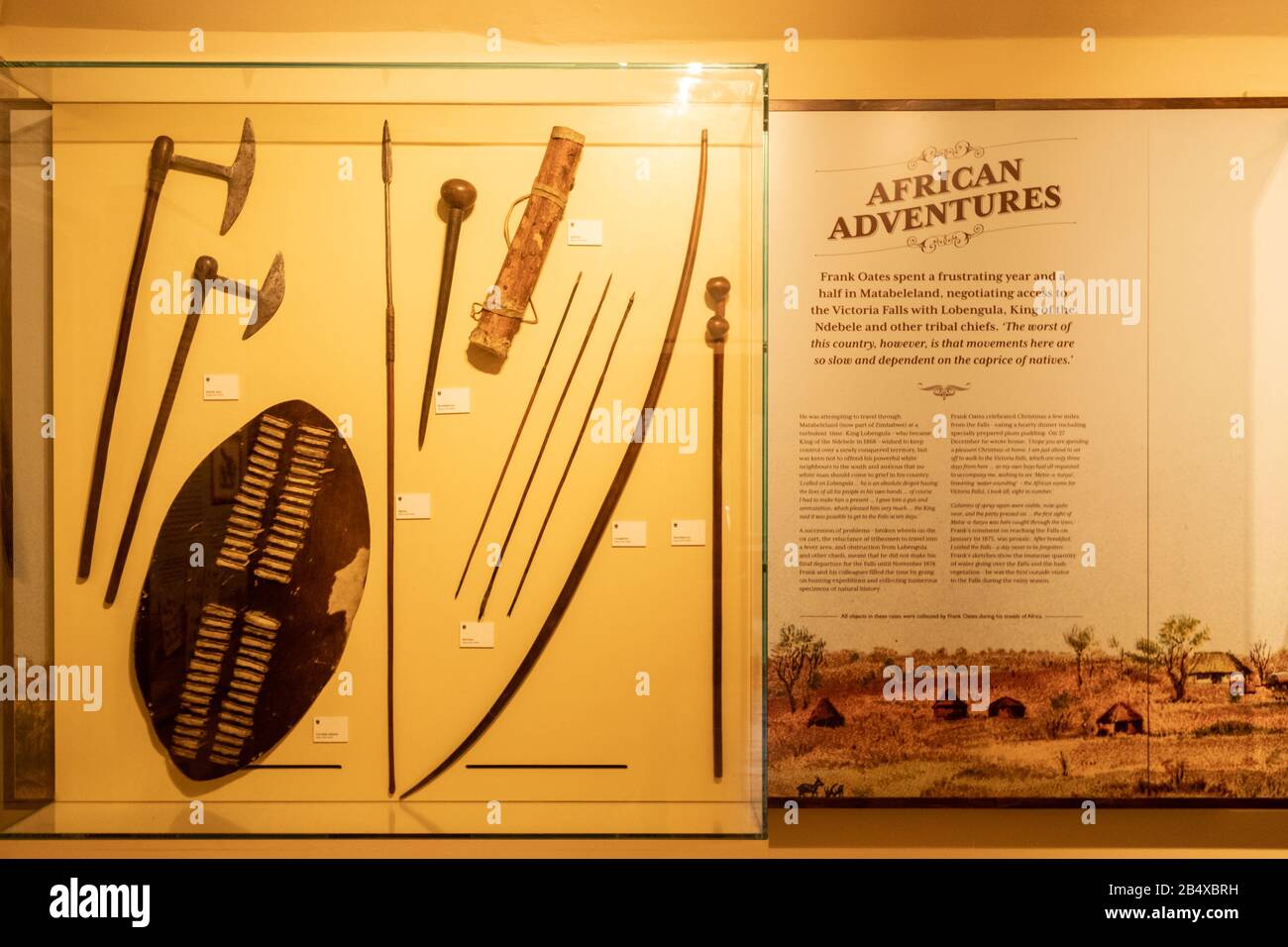 Ausstellung im Museum in der Oates Collection, Großbritannien. Artefakte der Afrika-Expedition des Entdeckers und Naturforschers Frank Oates. Stockfoto
