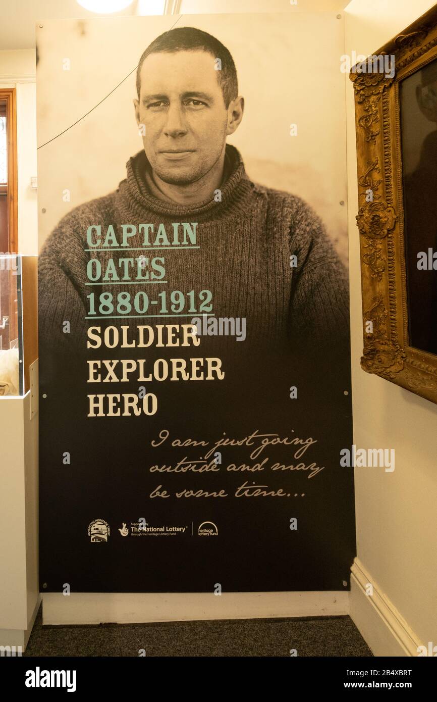 Museumsausstellung in der Oates Collection, Großbritannien - Foto des Antarktisforschers Lawrence Oates mit seinen berühmten letzten Worten Stockfoto