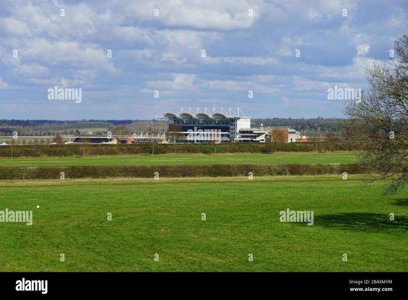 Blick auf die Millennium Grandstand auf der Rowley Mile Racecourse, Newmarket Stockfoto