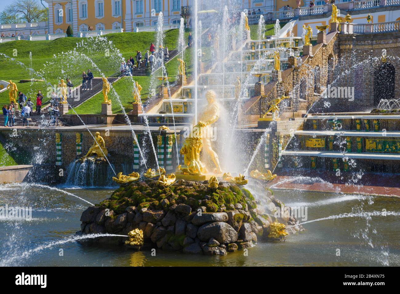 Peterhof, RUSSLAND - 30. MAI 2017: Brunnen 'Samson reißt den Mund eines Löwen' an einem sonnigen Maitag Stockfoto
