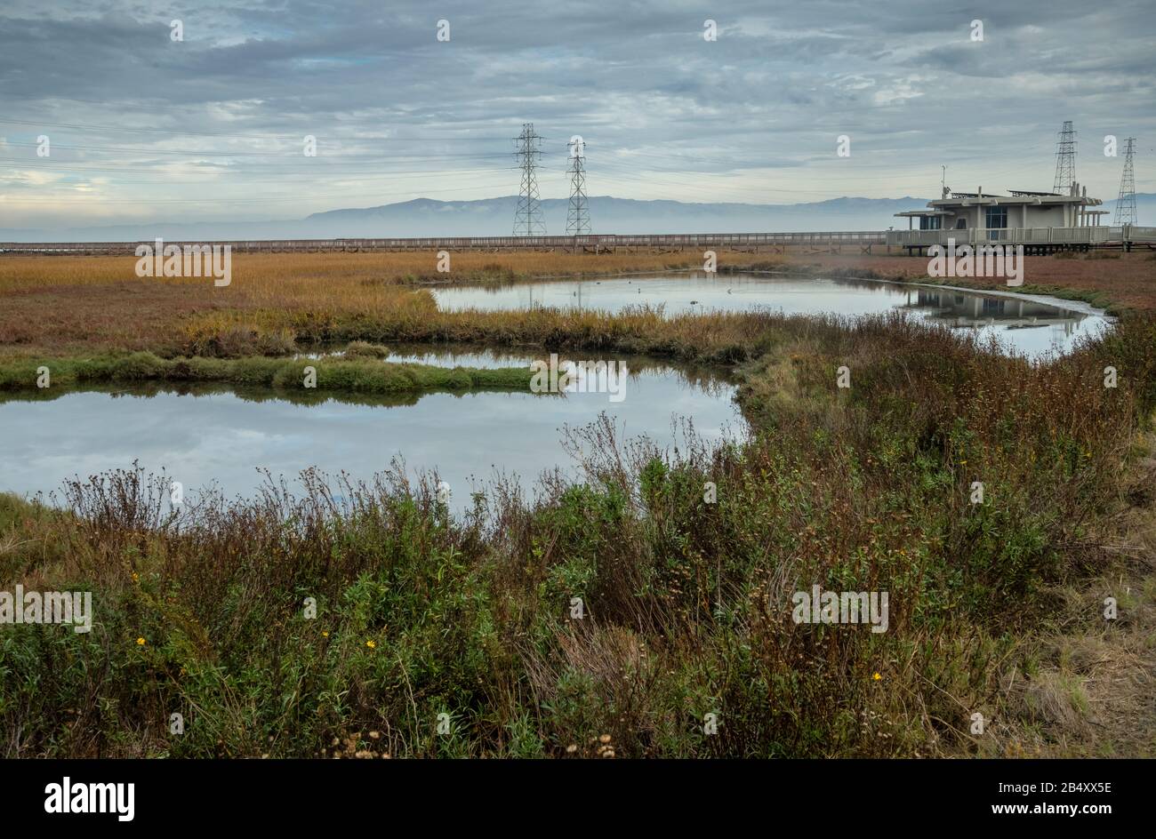Saltmarsh, Lagunen und Besucherzentrum im Baylands Nature Preserve, Palo Alto, Kalifornien. Stockfoto