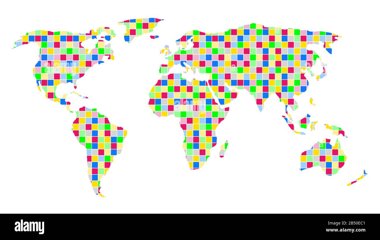 Weltkarte mit bunten Quadraten. Mehrfarbige karierte Weltkarte. Große Größe. Stockfoto