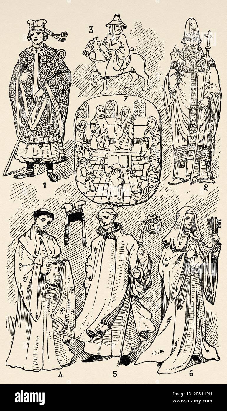 Mittelalter. Der Klerus. Bischöfe, Reiseabt, Benediktsmönch, zisterziensischer Abt, Äbtissin der Benediktion, Mönch, der dem Leser zuhört. Alte Gravur il Stockfoto