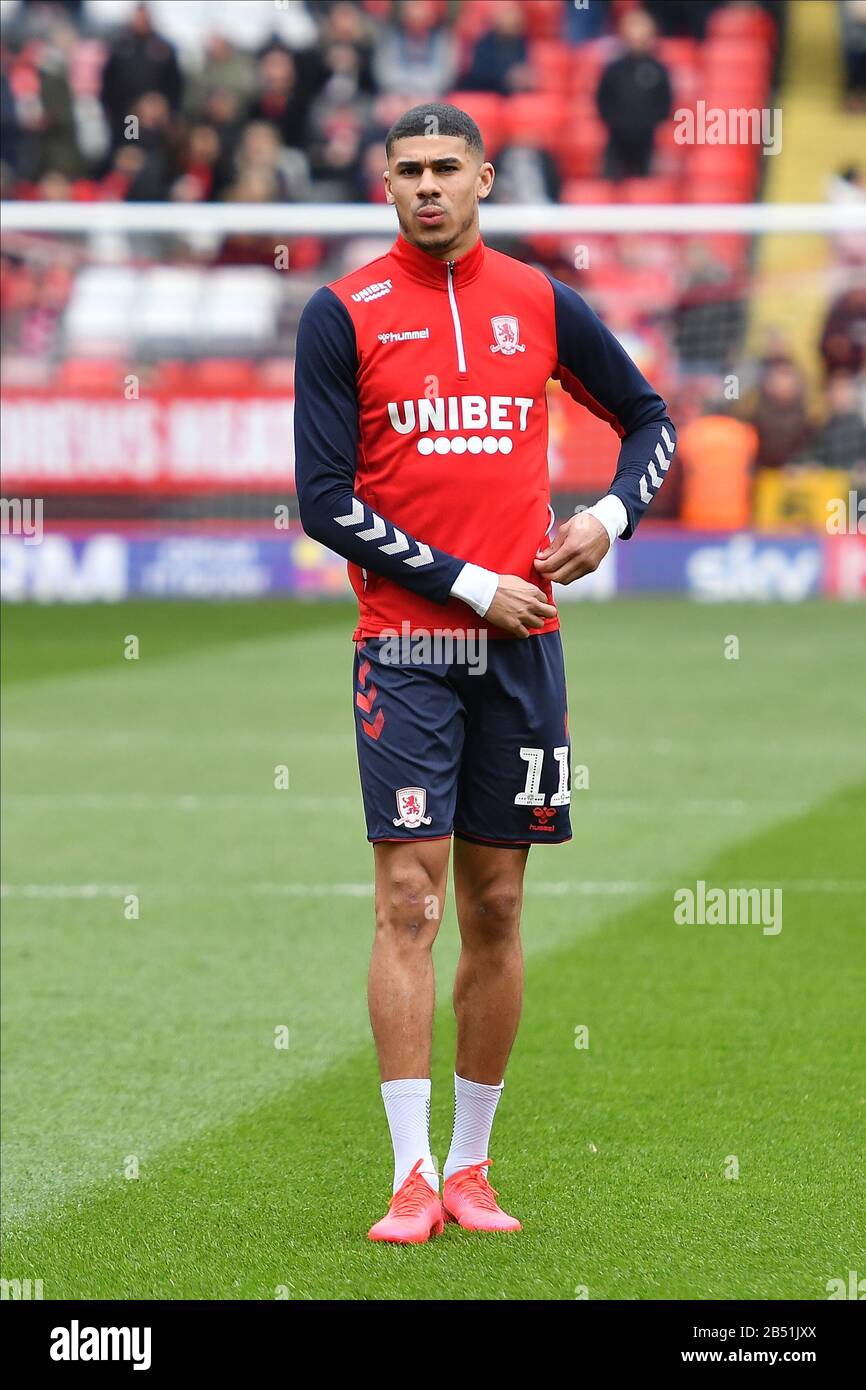 London, Großbritannien. März 2020. Ashley Fletcher von Middlesbrough erwärmt sich während des Sky Bet Championship Matches zwischen Charlton Athletic und Middlesbrough im Valley, London am Samstag, den 7. März 2020. (Kredit: Ivan Yordanov   MI News) Foto darf nur für redaktionelle Zwecke in Zeitungen und/oder Zeitschriften verwendet werden, Lizenz für kommerzielle Nutzung erforderlich Kredit: MI News & Sport /Alamy Live News Stockfoto