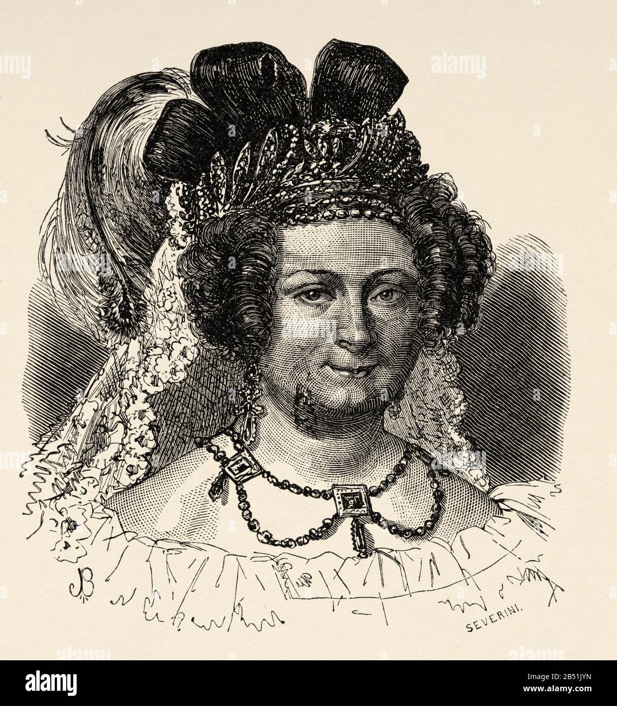 Porträt von María Cristina de Borbón-Dos Sicilias (Palermo - Sainte-Adresse, 1878). Königin willigte in Spanien für ihre Ehe mit König Ferdinand VII. Ein Stockfoto