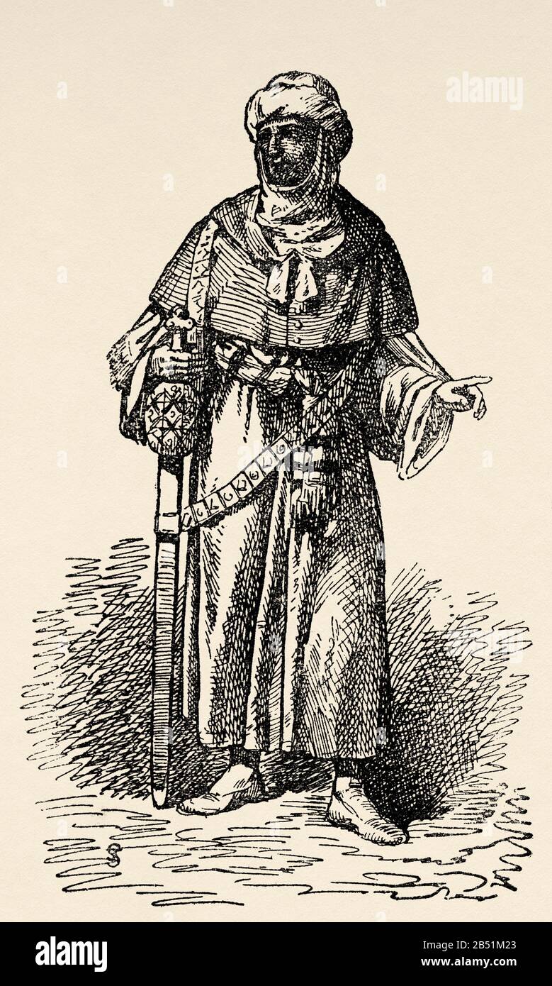 Moslemisch-maurischer Ritter des Adels. Alte Gravur des Buches Historia de España von Alfredo Opisso 1885 Stockfoto