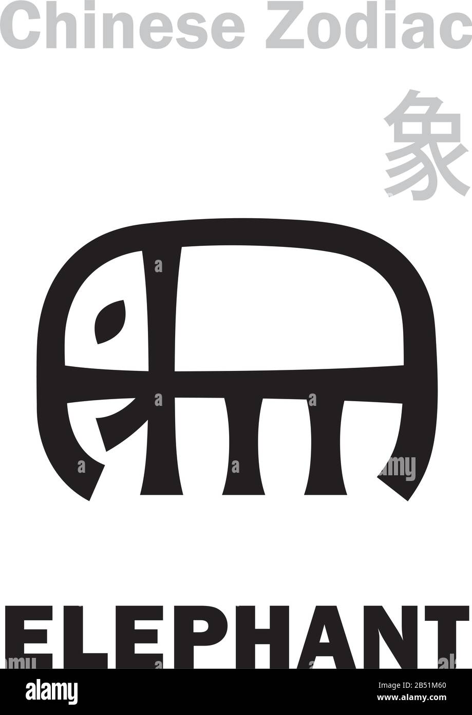 Astrologie-Alphabet: Elefant [象] Zeichen des chinesischen Tierkreises. Auch: Eines der Großen Tiere, die die Erde unterstützen. Chinesisches Zeichen, hieroglyphisches Zeichen. Stock Vektor