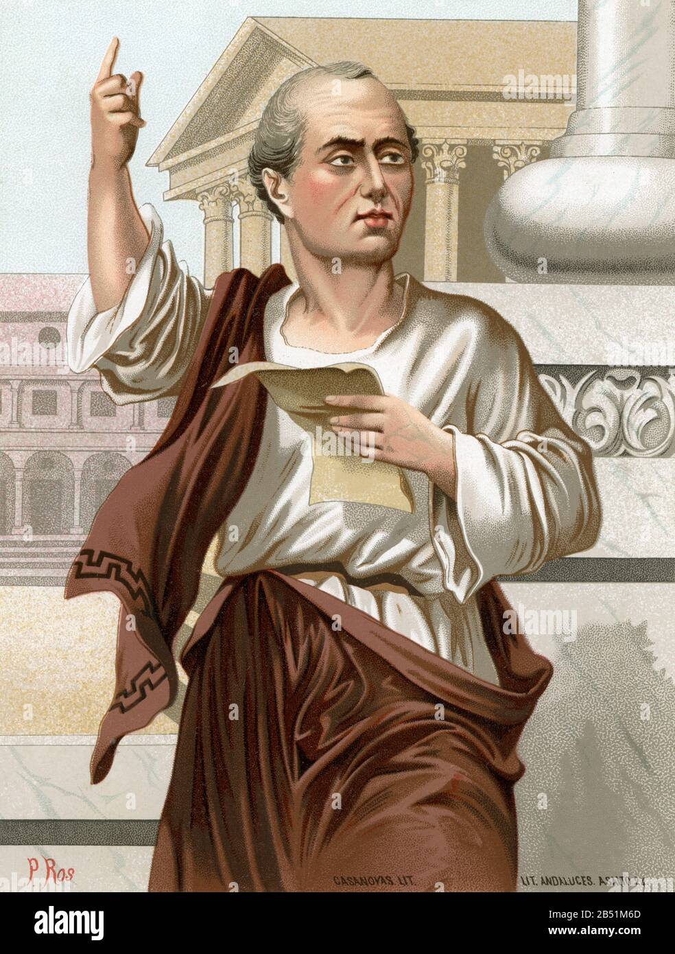 Altes Farblithografie-Porträt. Mark Tullius Cicero war Jurist, Politiker, Philosoph, Schriftsteller und römischer Redner. Gilt als eine der größten rh Stockfoto