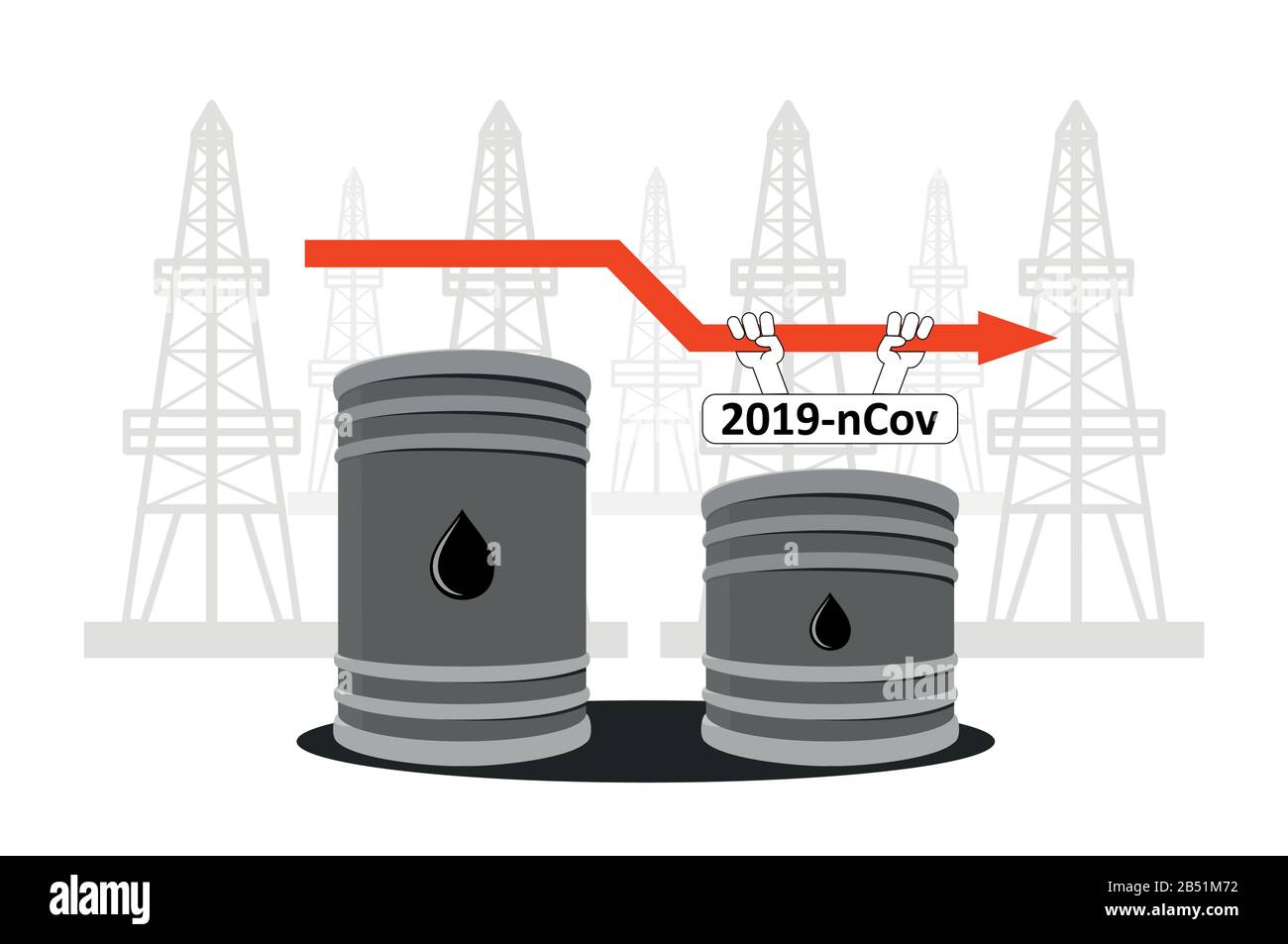 Verringerte Ölförderung durch Coronavirus, verringerter Ölverbrauch durch 2019-nCov, Kovid-2019. Ölfässer vor dem Hintergrund von Ölständen, dem Stock Vektor