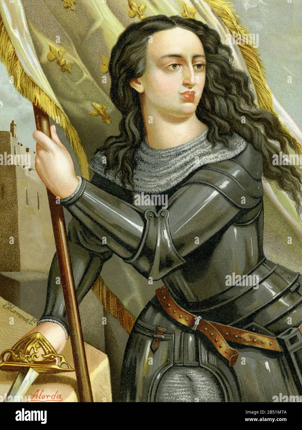 Altes FarblithografiePorträt. Joan of Arc, Jeanne d'Arc, bekannt als