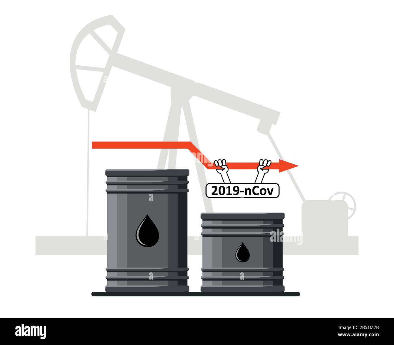 Verringerte Ölförderung durch Coronavirus, verringerter Ölverbrauch durch 2019-nCov, Kovid-2019. Ölfässer vor dem Hintergrund der Ölbohrinsel Stock Vektor