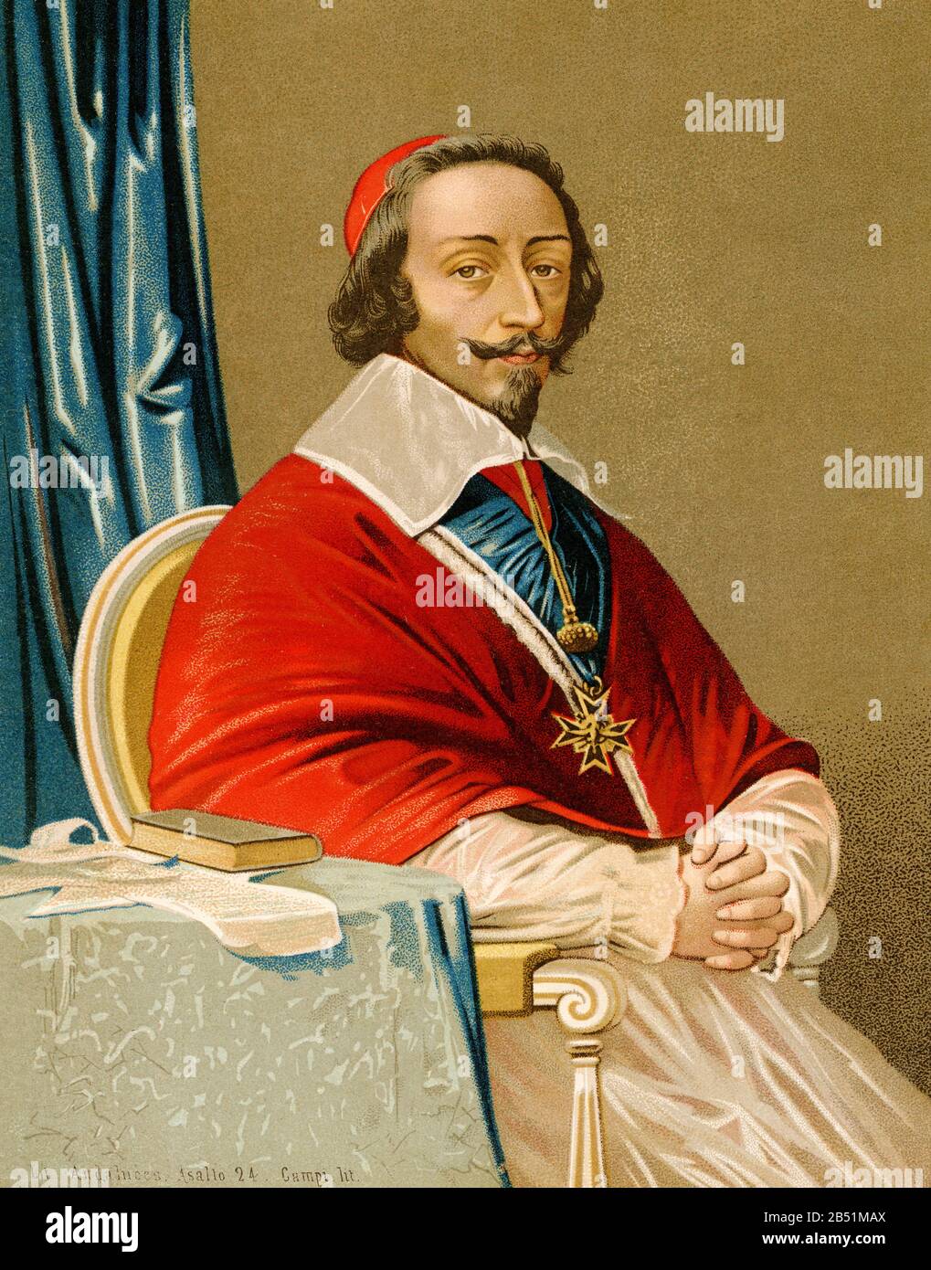Altes Farblithografie-Porträt. Armand Jean du Plessis (Paris 1585 - 1642), Kardinal-Herzog von Richelieu, Herzog von Fronsac und Paar von Frankreich, war P. Stockfoto