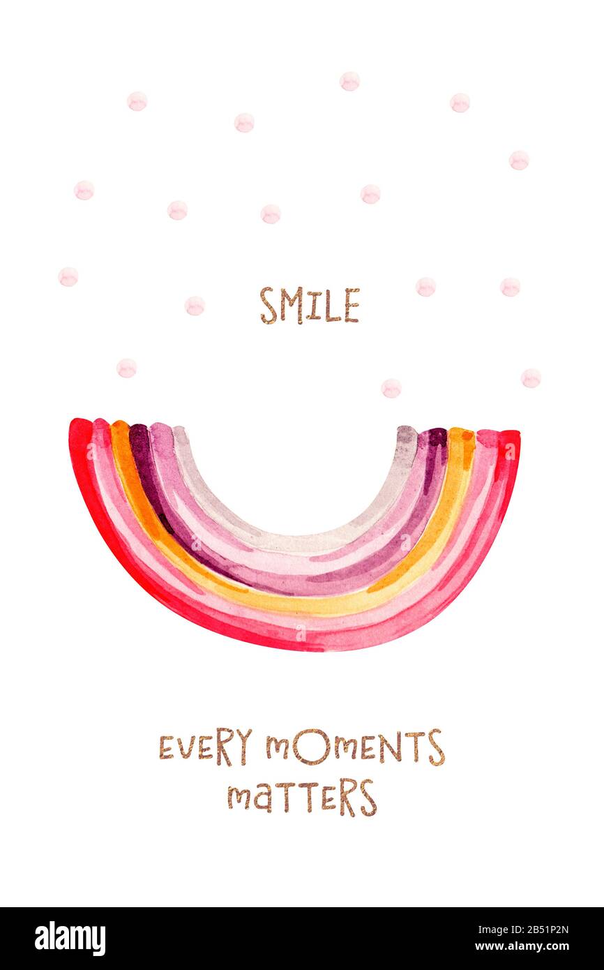 Rainbow Smile, motivierende Quote Card. Aquarell-Grußkarte für Kinderzimmer. Aquarellurlaub Stockfoto