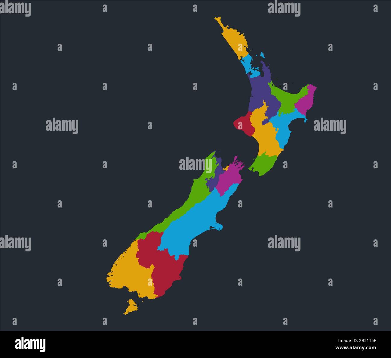 Infografiken Neuseeland Karte, flache Designfarben, einzelne Staaten, blauer Hintergrund leer Stockfoto