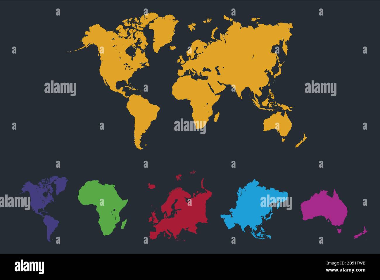 Infografiken Weltkontinente Karte, Amerika, Europa, Afrika, Asien, Australien, orangefarbener Zeiger, dunkler Hintergrund leer Stockfoto