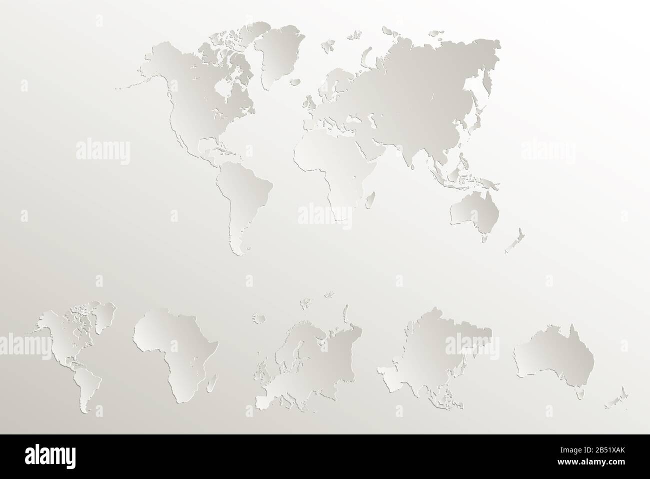 Weltkontinente Karte, Amerika, Europa, Afrika, Asien, Australien, Naturpapier 3D leer Stockfoto