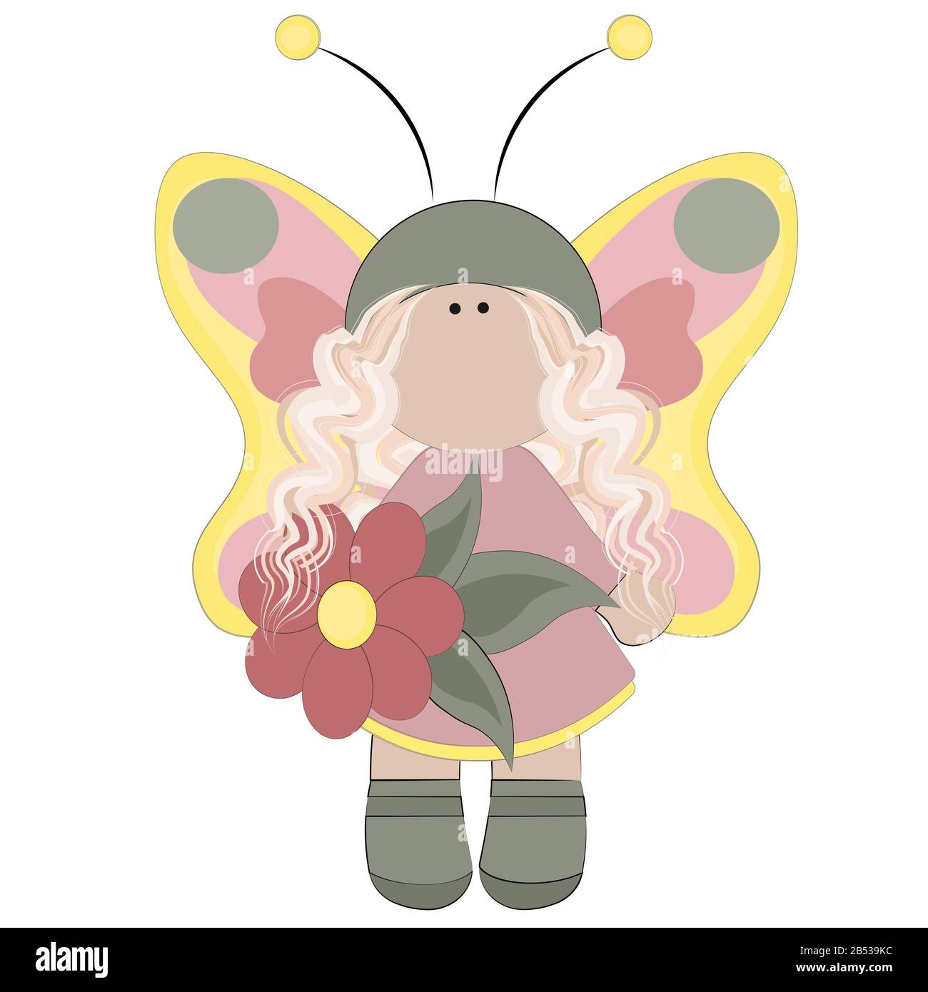 Fee mit gelben Flügeln und einem pinkfarbenen Kleid mit einer Blume in der Hand Mädchen Feenfigur Schmetterling Zauberin Vektor Kinder Illustration Zeichnung Stock Vektor