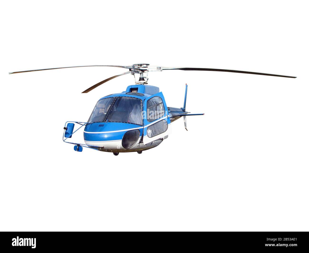 Blauer Hubschrauber mit verborgenem Fahrwerk Stockfoto