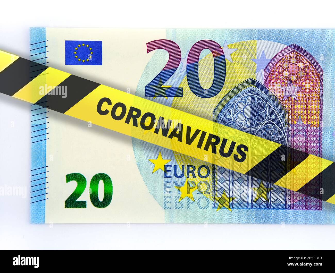 Coronavirus wirkt sich auf die Euro-Währung und die europäische Unioun Wirtschaft aus. Konzeptbild. Digitale Montage. Stockfoto
