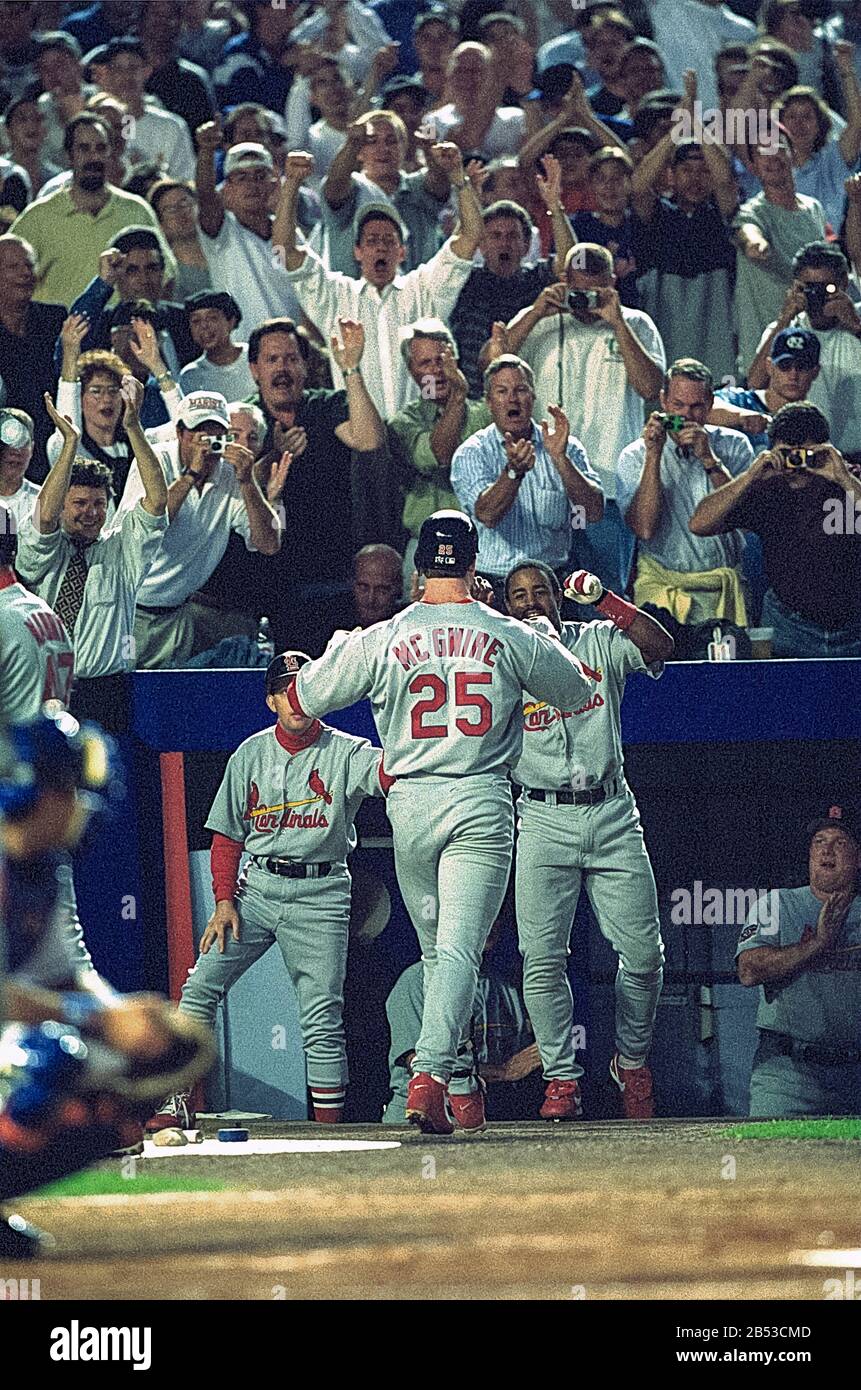 Mark McGwire, St. Louis Cardinals 51. Home Run während der Rekord-Saison 1998 in einem Spiel agaainst The New York Mets. Stockfoto