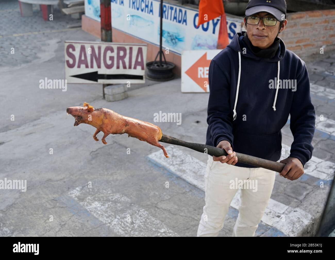 Cuy, Meerschweinchen, geröstet zum Verkauf Quito Ecuadors Stockfoto