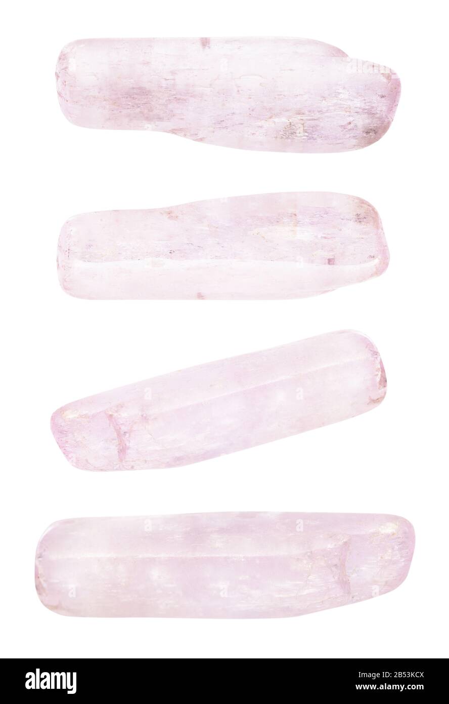 Satz von Kunzite (lilac Spodumene) Edelsteinen isoliert auf weißem Hintergrund Stockfoto