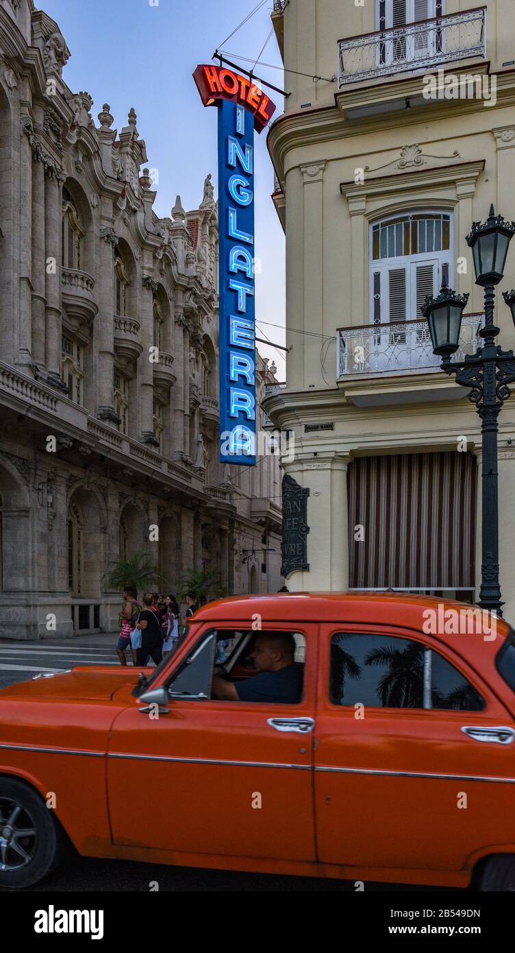 Hotel Inglaterra, Neon Sign, Havanna, Kuba Stockfoto