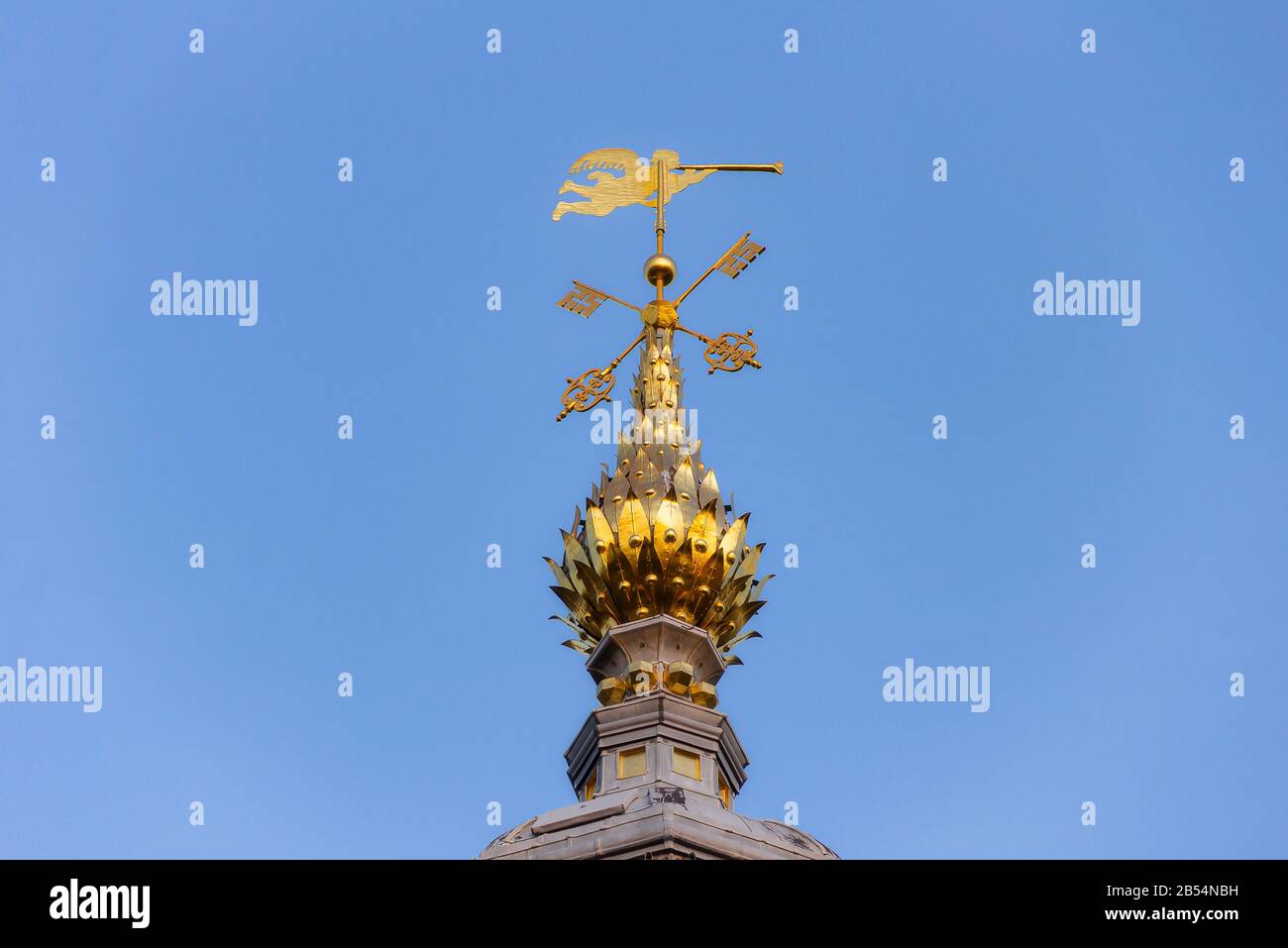 Blick auf die Marekerk-Kirche, ihre Kuppel und das goldene Symbol der Leidener Stadt, Der Niederlande und der Niederlande Stockfoto