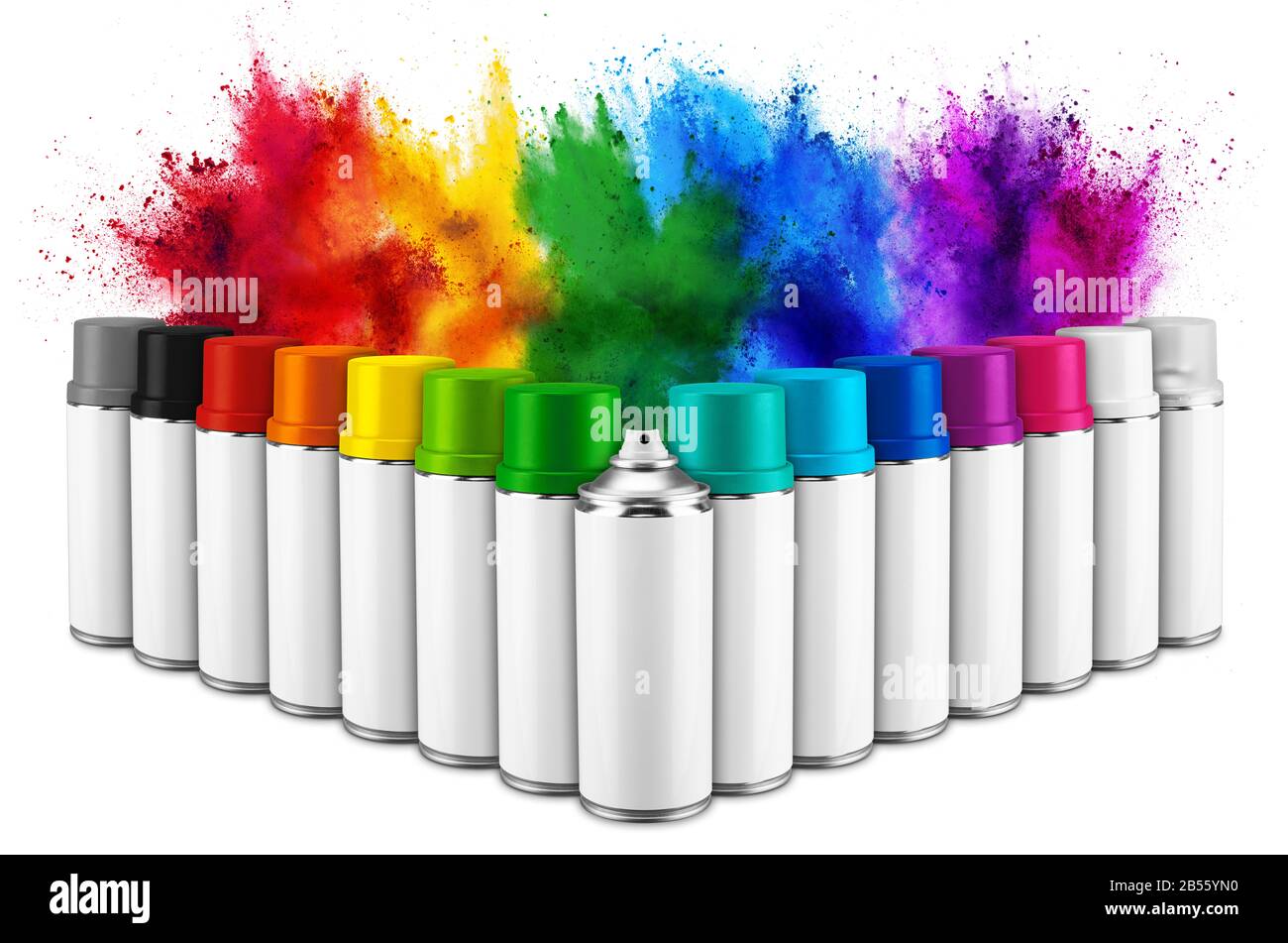 Reihe von vielen Spraydose in bunter Farbe vor der Farbpulverexplosion der ainbow Holi Farbe isoliert auf weißem Hintergrund. Industrie diy-Lackierung Graff Stockfoto