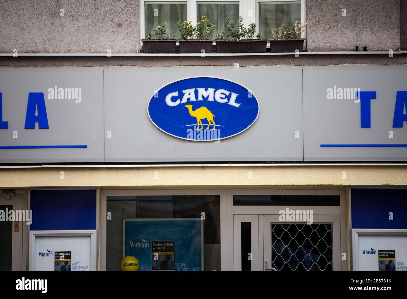 Prag, TSCHECHIEN - 1. NOVEMBER 2019: Logo von Kameltabakzigaretten vor ihrem Händler in Prag. Camel ist ein amerikanischer Tabakindustriehersteller Stockfoto Prag, TSCHECHIEN - 1. NOVEMBER 2019: Logo von Kameltabakzigaretten vor ihrem Händler in Prag. Camel ist ein amerikanischer Tabakindustriehersteller Stockfoto