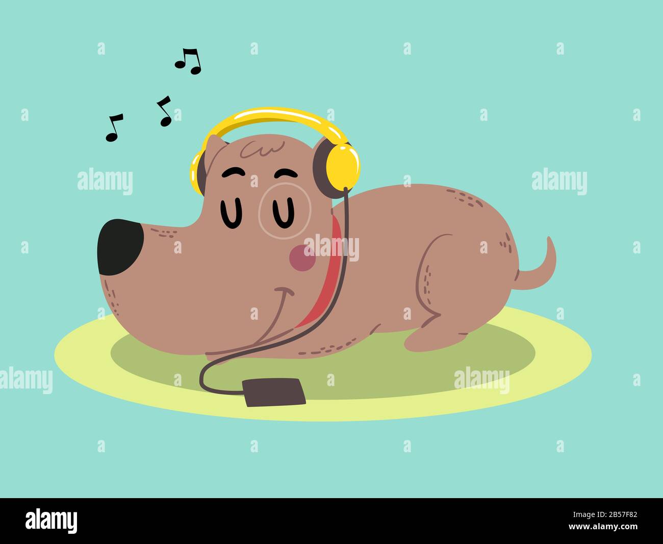Abbildung: Ein Mascot mit Geschlossenen Augen, Das Ohrhörer trägt und Musiknotizen hört und sich Auf dem Oval Doormat Aufliegt Stockfoto