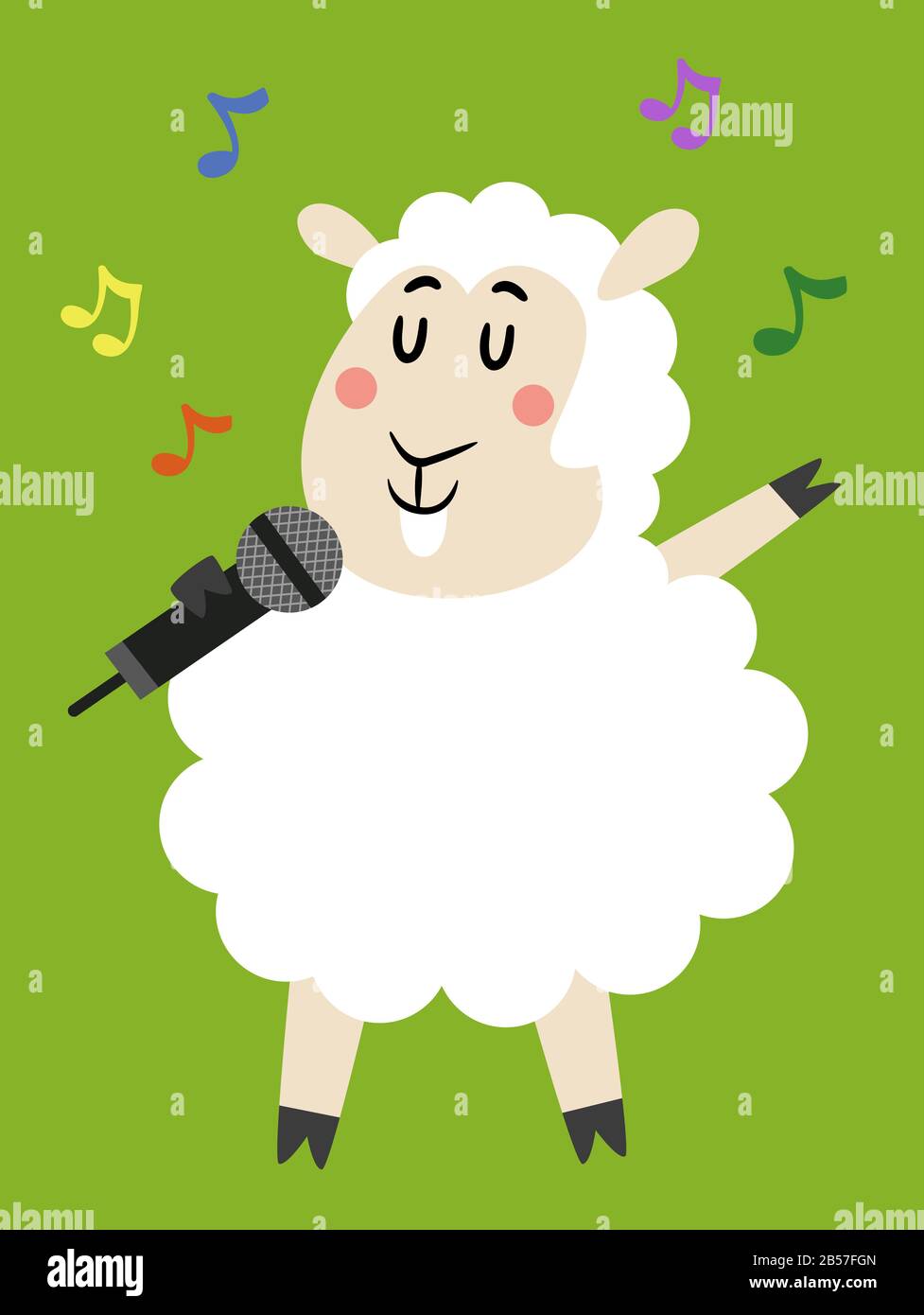 Abbildung: Ein Schaf-Mascot mit Geschlossenen Augen, das ein Mikrofon Mit Musiknoten Herumsingt Stockfoto