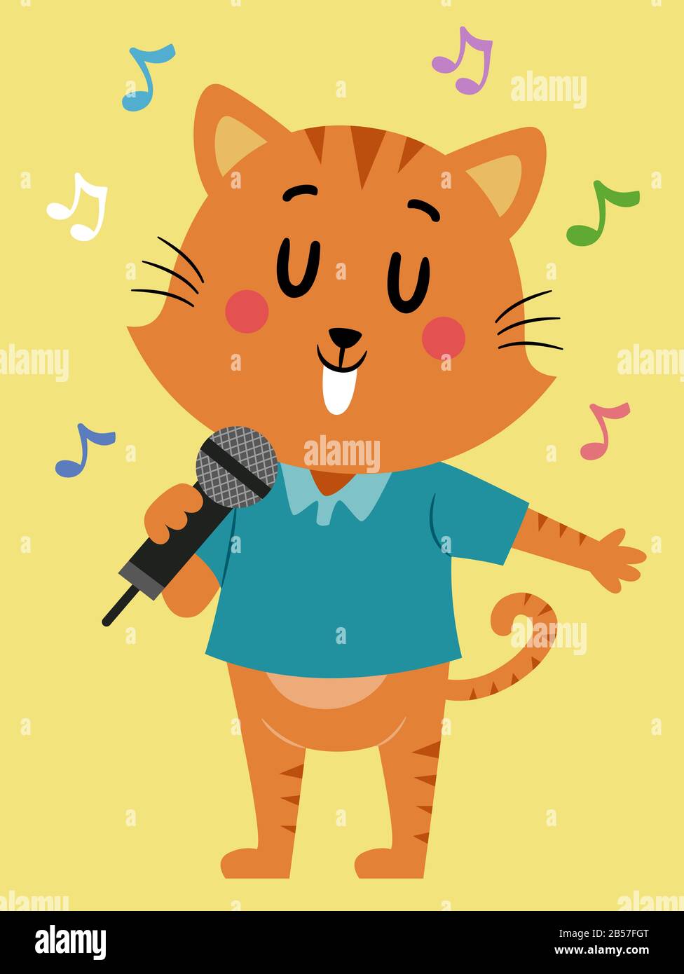 Abbildung: Ein Katzen-Maskottchen mit Geschlossenen Augen, das ein Mikrofon Hält, Das Mit Musiknotizen Herumsingt Stockfoto