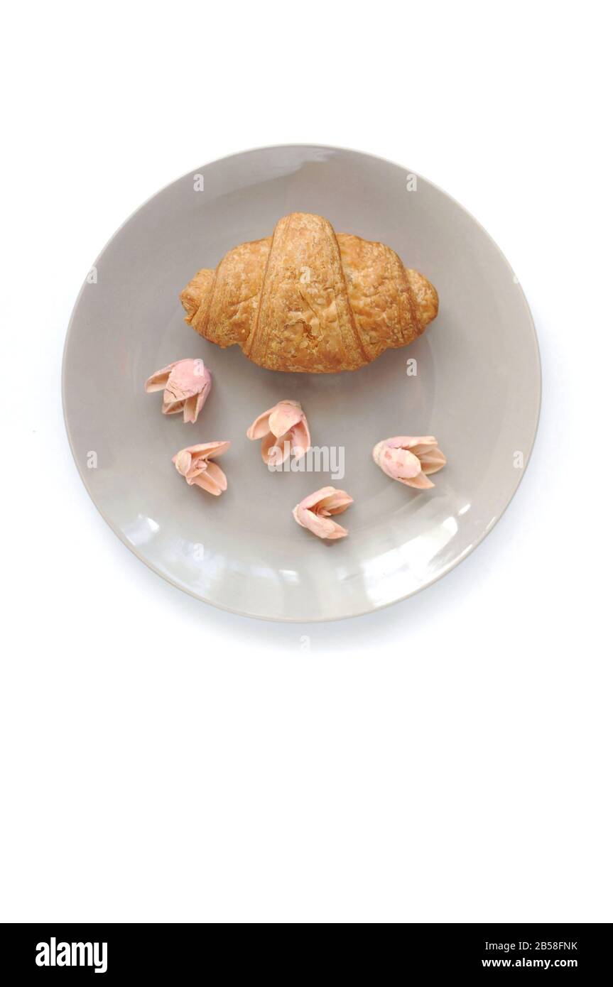 Croissant mit dekorierten Blumen in der grauen Platte, Draufsicht Stockfoto