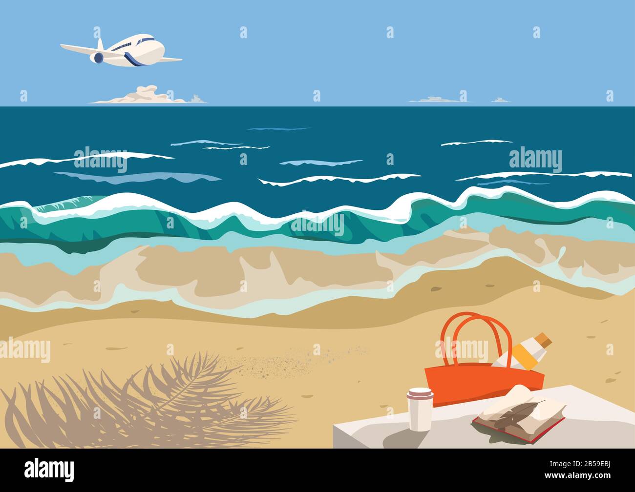 Flugzeug fliegt zum Resort. Strandtasche, Buch, Kaffee auf einem Tisch, der auf dem Sand an der Küste steht. Der Schatten einer Palme am Strand. Vacati Stock Vektor