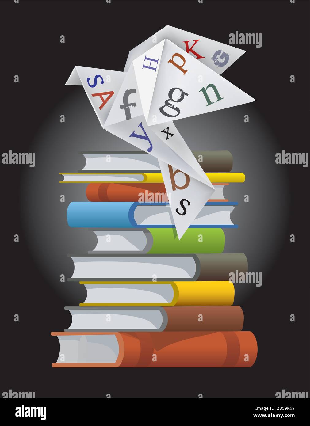 Ith Briefe auf dem Stapel von Büchern. Abbildung des Papiervogels mit Büchern symbolisiert Literatur.Vektor verfügbar. Stock Vektor
