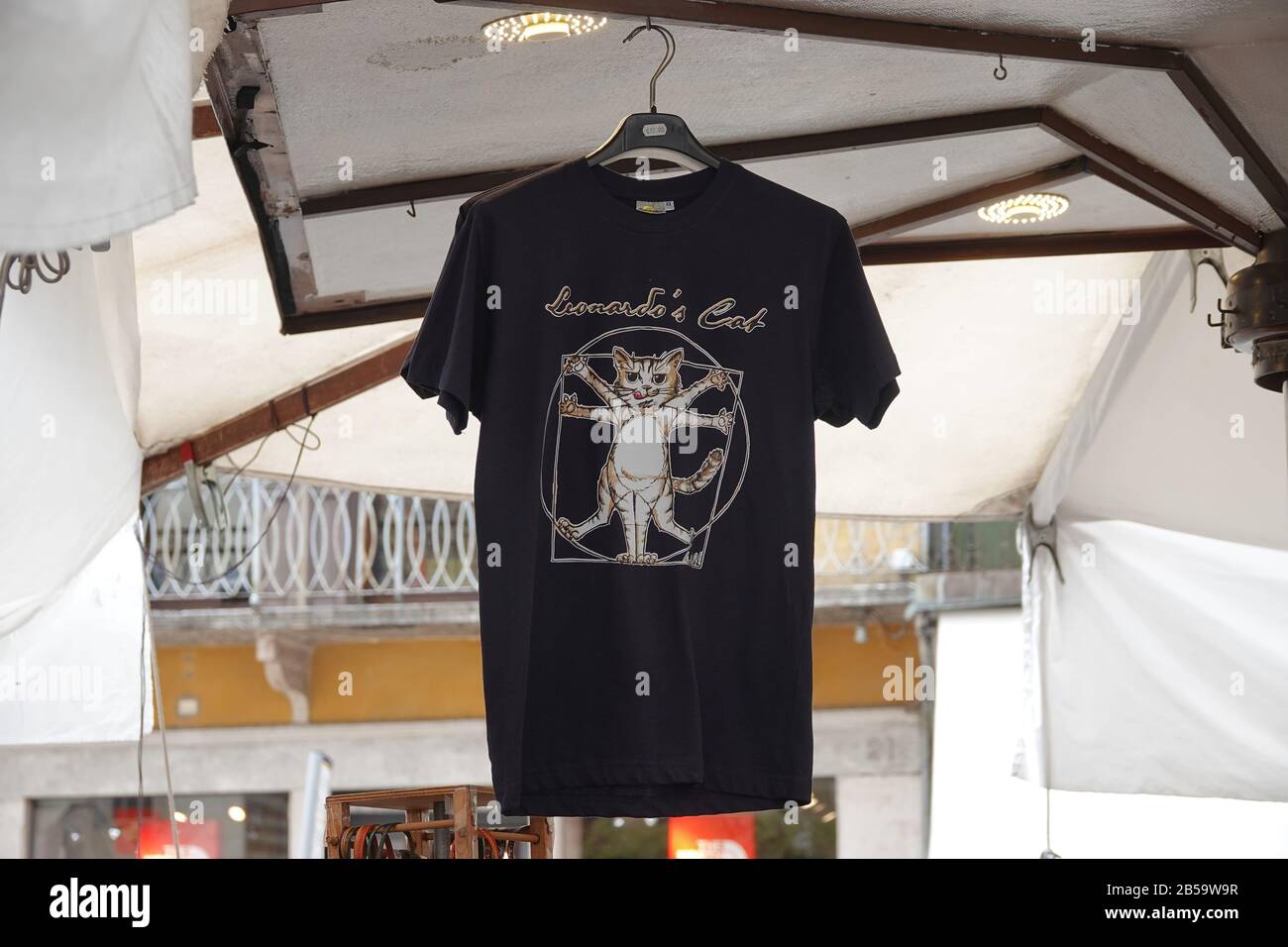 "Leonardo's Cat"-T-Shirt auf dem Markt von Verona im Handel erhältlich Stockfoto