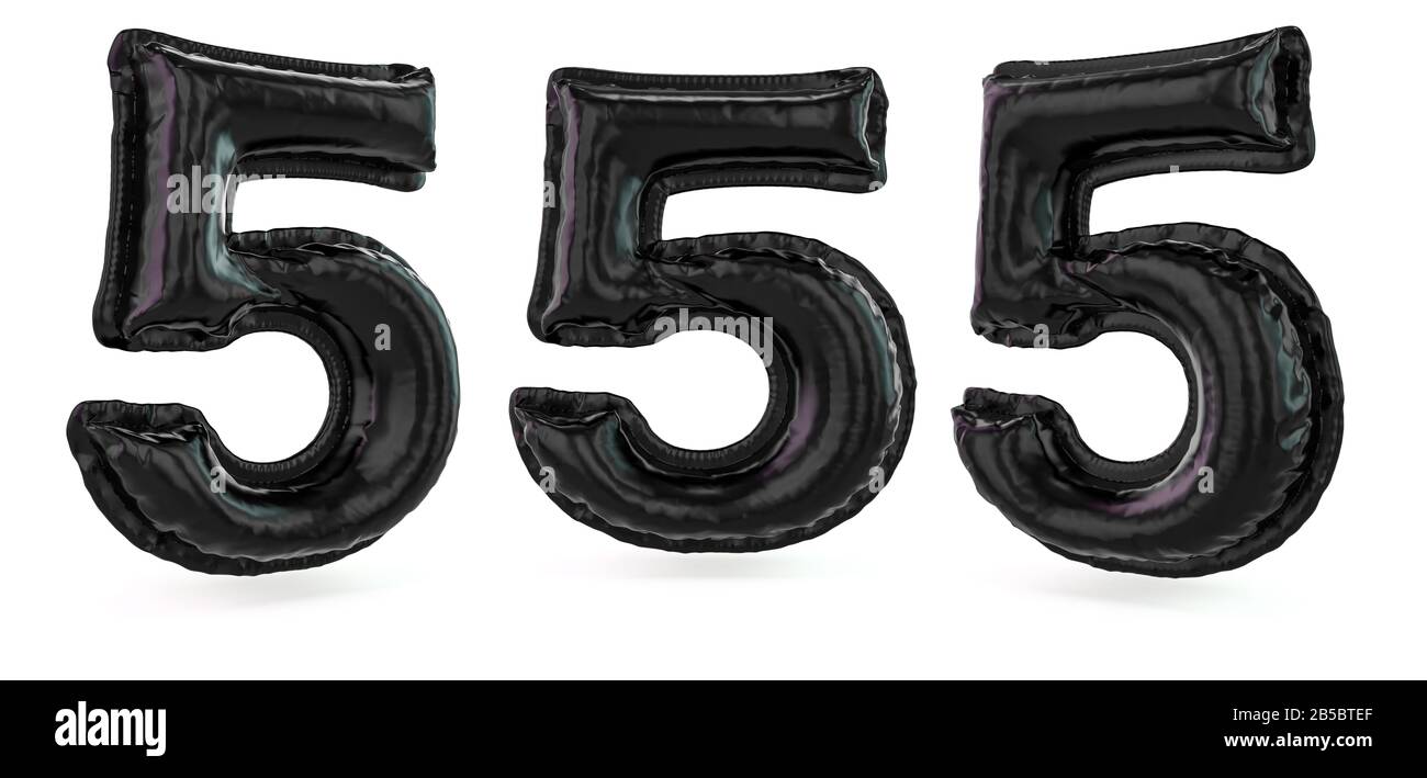 Nummer 5. Digitales Zeichen. Aufblasbarer schwarzer Ballon auf dem Hintergrund. 3D-Rendering Stockfoto