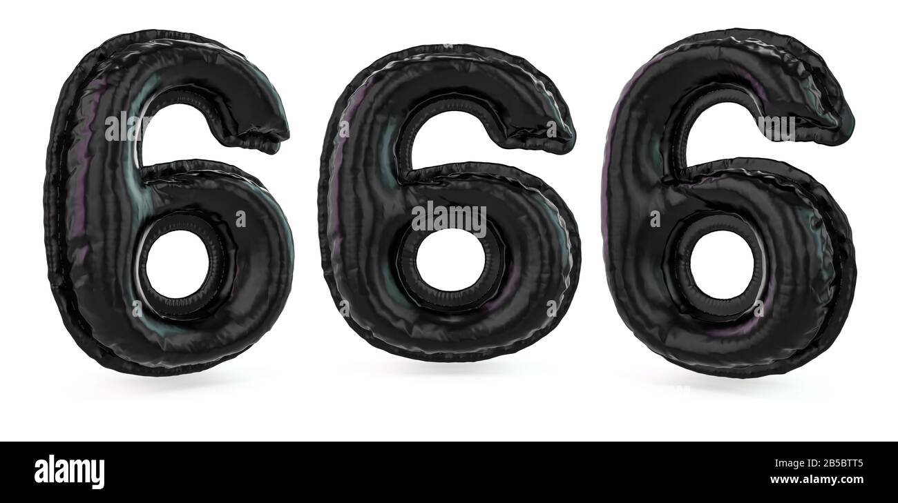 Nummer 6. Digitales Zeichen. Aufblasbarer schwarzer Ballon auf dem Hintergrund. 3D-Rendering Stockfoto