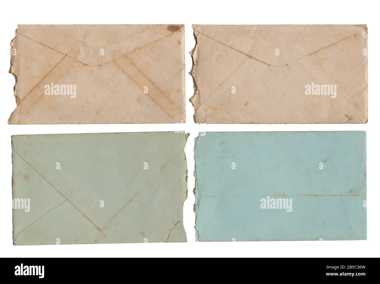 Vier alte verfärbte Umschläge auf weißem Grund aus dem Jahr 1924. Dies ist ein hochauflösender Scan, der alle Details anzeigt. Stockfoto