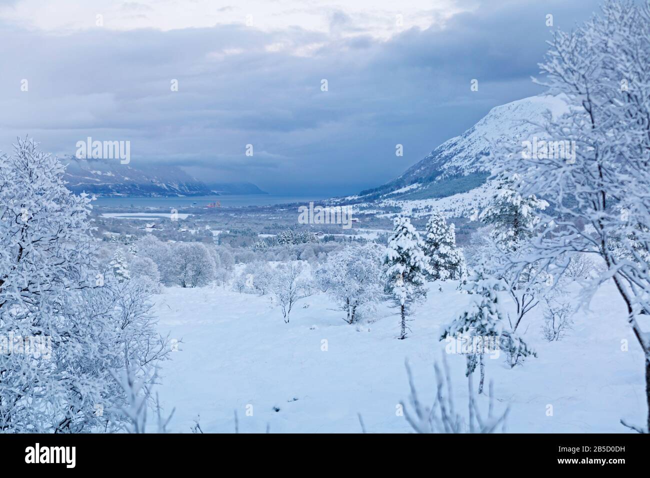 Die Stadt Hareid, Norwegen im Winter. Stockfoto
