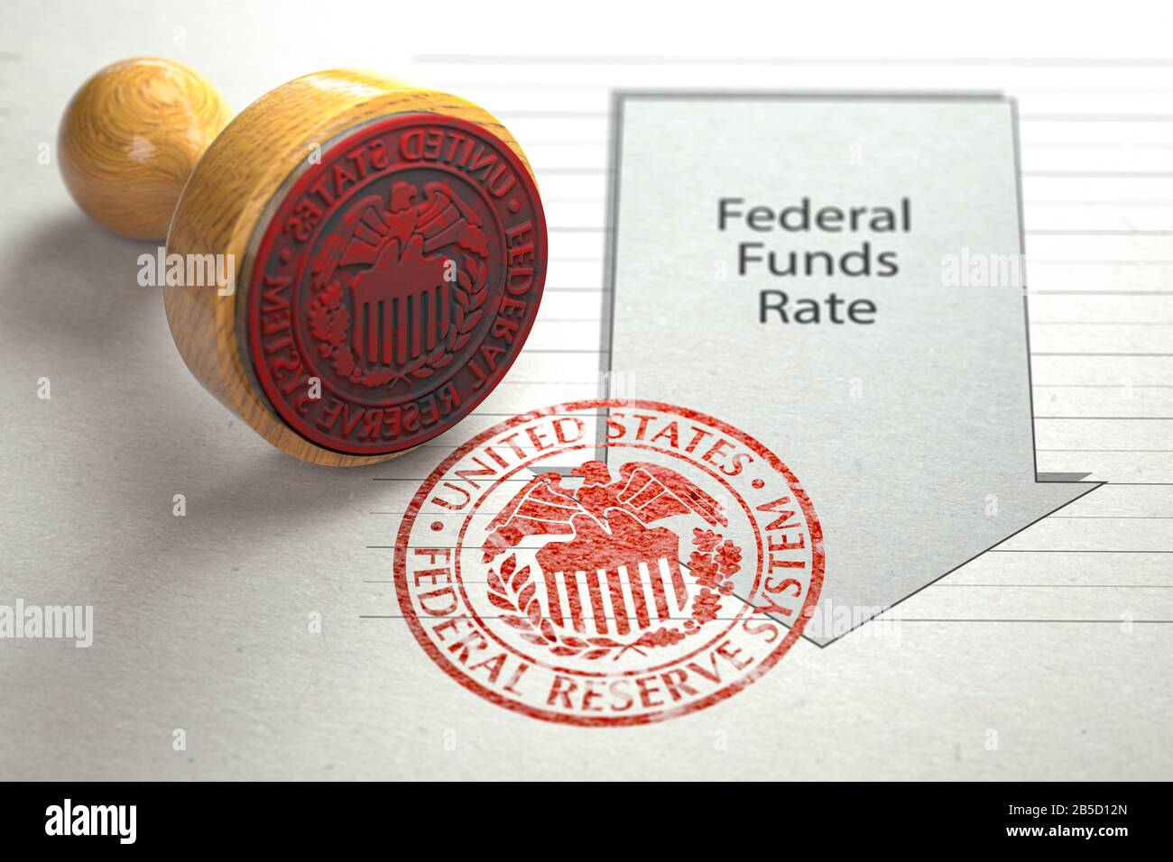 Die Rate der Bundesmittel sinkt. Pfeil mit Kürzung des Bundesfondssatzes und Stempel des FRS-Symbols der Federal Reserve. 3D-Abbildung Stockfoto