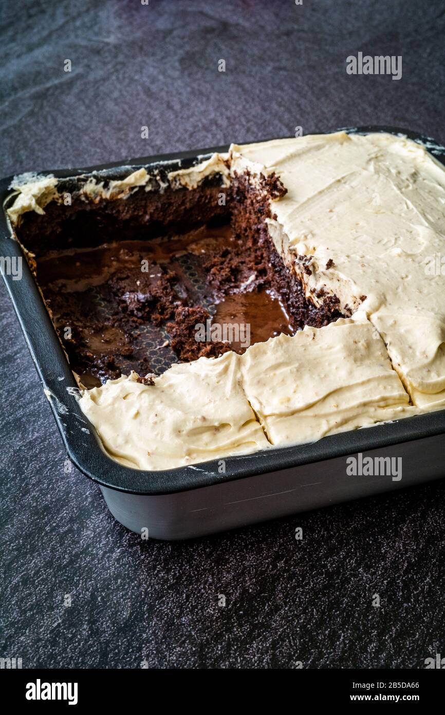 Schokolade aufschäumen Peanut Butter Kuchen Brownie in Quadratform. Organisch Gesundes Dessert. Stockfoto