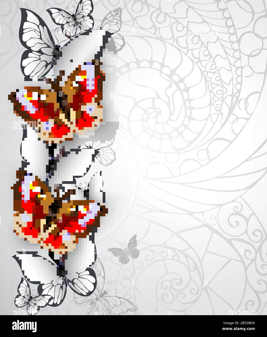Design mit realistischen, strukturierten Schmetterlingen aus Pfauenaugen und weißen Schmetterlingen auf grauem, strukturiertem Hintergrund. Roter Schmetterling. Stock Vektor