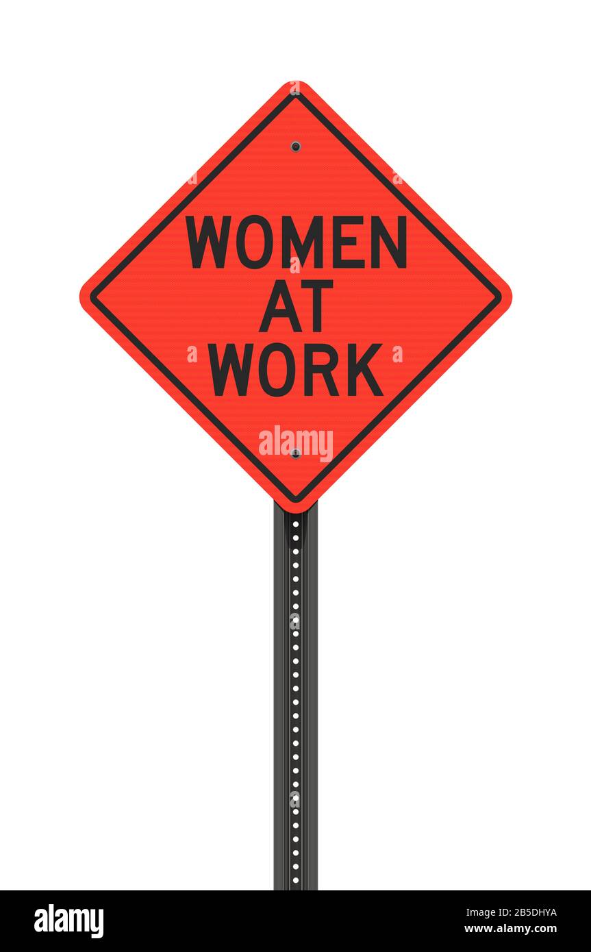 Vektordarstellung der Frauen Am Arbeitsplatz orangefarbenes Straßenschild auf metallisch schwarzem Pfosten Stock Vektor