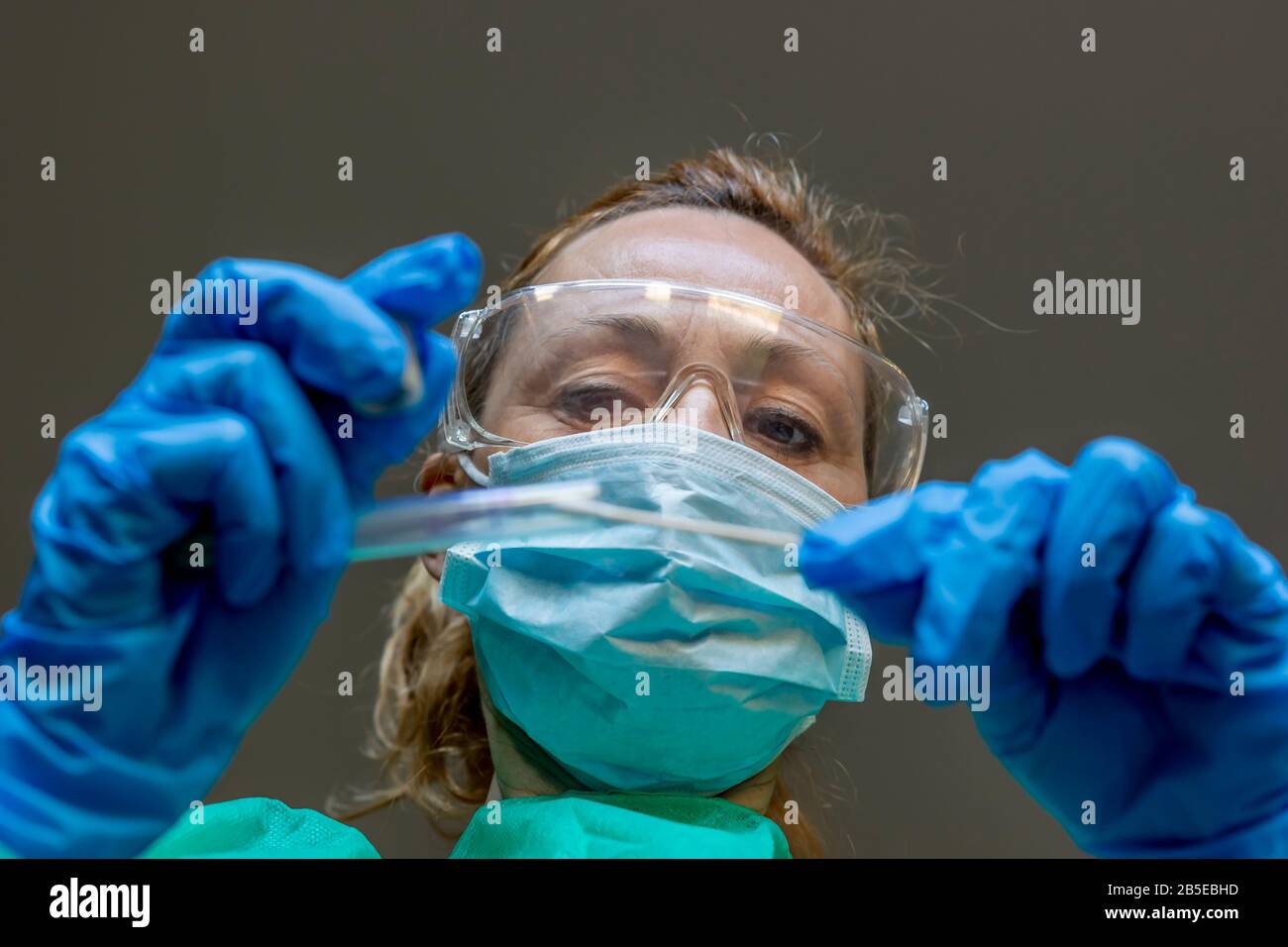 Eine blonde weiße Frau, die als Labortechnikerin arbeitet, führt einen Tupfer durch, um auf eine mögliche Coronavirus Covid-19-Infektion zu prüfen Stockfoto